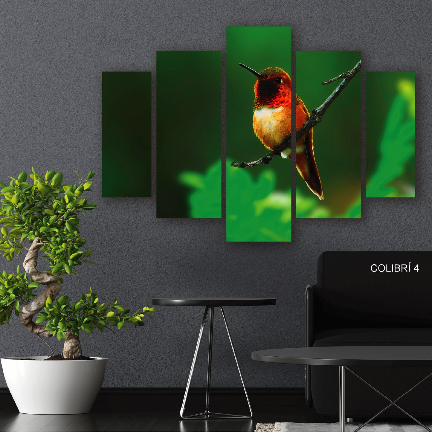 Subcoleccion Cuadros De Colibri/ Nombre: Cuadro Centinela Carmesí: Colibrí Rojo en Rama Verde