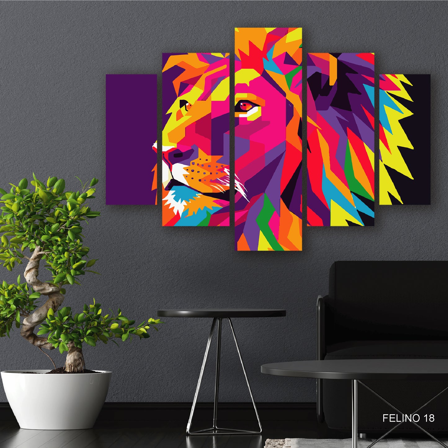Subcoleccion Cuadros De Felinos/ Nombre: Cuadro León Cromático: Majestuosidad en Colores Vivos