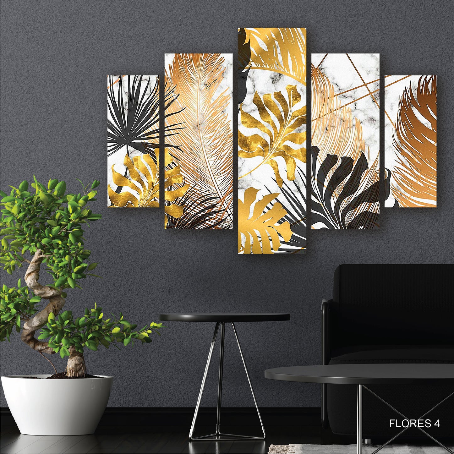 Cuadro Brillo Floral: Flores Metalizadas sobre Lienzo Blanco