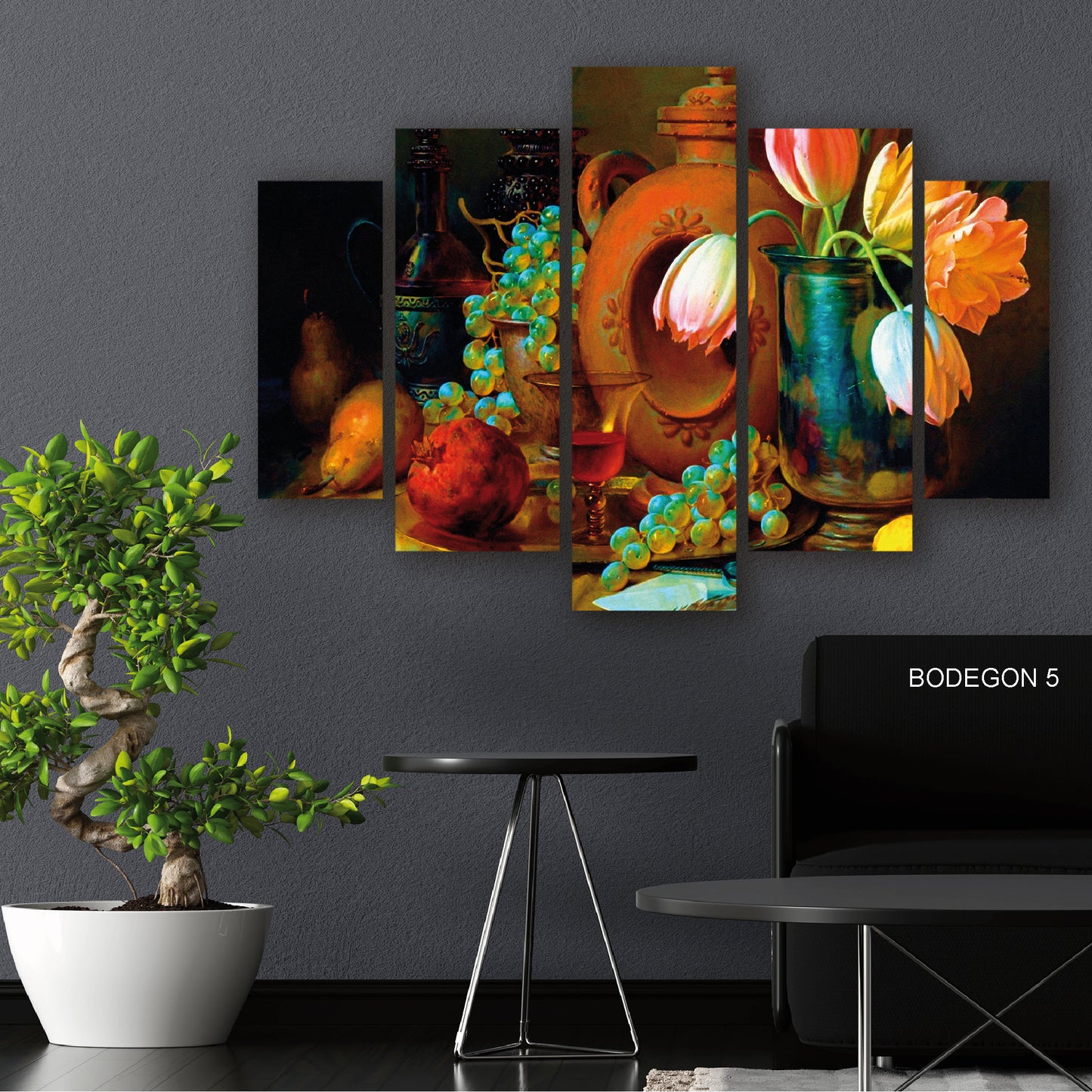 Cuadro Festín Real: Frutas y Flores en Mesa Elegante