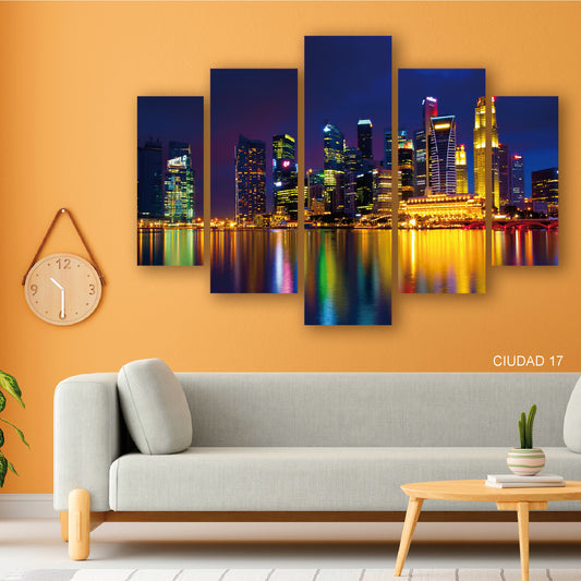 Cuadro Reflejos Urbanos: Edificios Coloridos Iluminando la Noche Marina