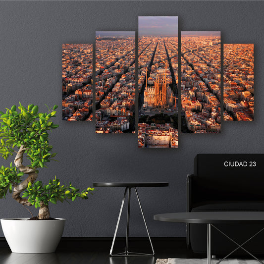 Cuadro Crepúsculo Barcelonés: Vista Panorámica de Barcelona al Atardecer