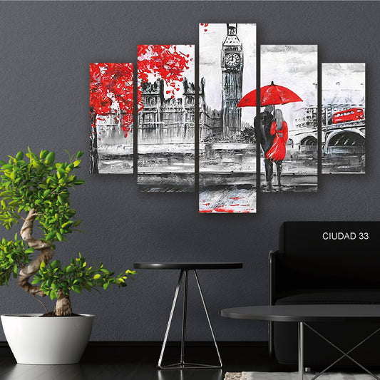 Cuadro Londres en Contraste Rojo: Pareja ante el Big Ben en Blanco, Negro y Rojo