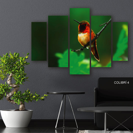 Subcoleccion Cuadros De Colibri/ Nombre: Cuadro Centinela Carmesí: Colibrí Rojo en Rama Verde