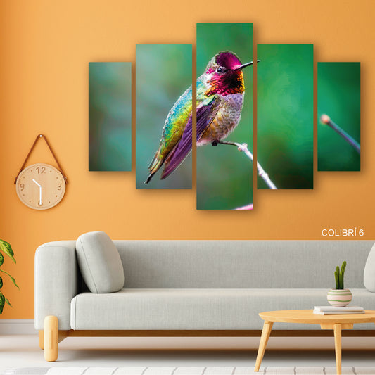 Subcoleccion Cuadros De Colibri/ Nombre: Cuadro Joya Alada: Colibrí Multicolor en Rama Natural