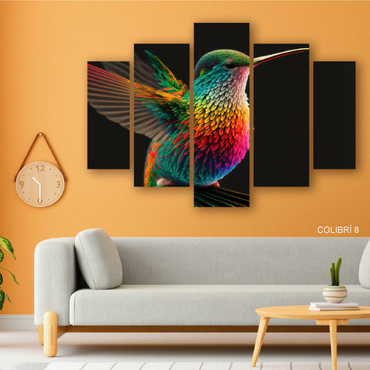 Subcoleccion Cuadros De Colibri/ Nombre: Cuadro Contraste Absoluto: Colibrí Multicolor en Elegancia Oscura