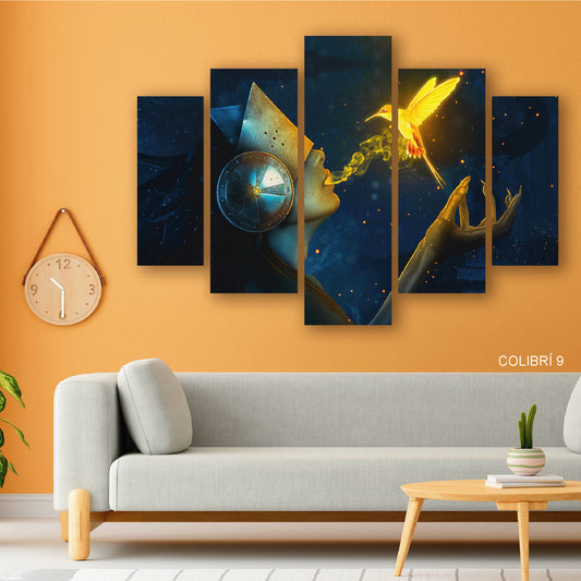 Subcoleccion Cuadros De Colibri/ Nombre: Cuadro Toque Áureo: Mujer y Colibrí Dorado en Conexión Mágica
