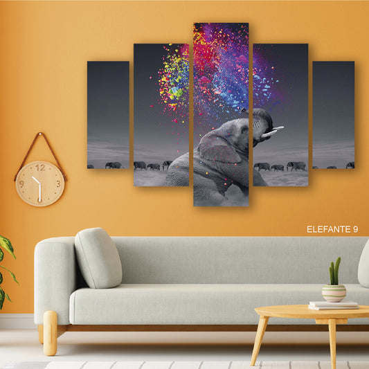Subcoleccion Cuadros De Elefantes/ Nombre: Cuadro Espectro Grisáceo: Elefante y Explosión Multicolor