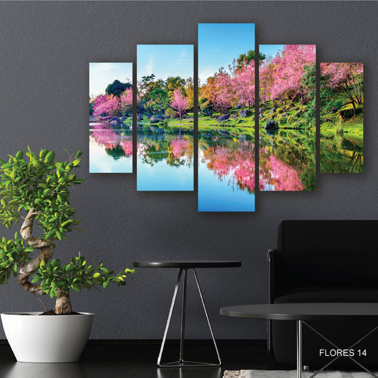 Cuadro Paraíso Rosado: Árboles en Flor Junto al Agua