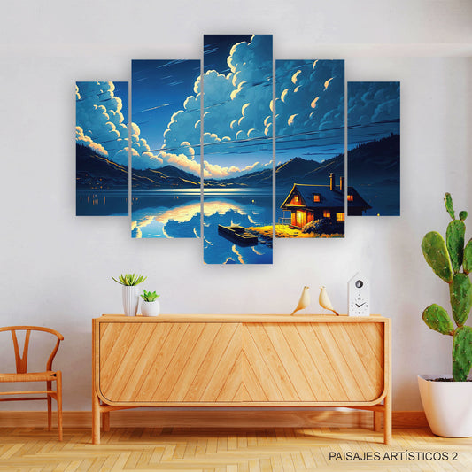 Subcoleccion Cuadros Paisajes Artísticos/ Nombre: Cuadro Anochecer de Ensueño: Casa Caricaturesca Junto al Lago