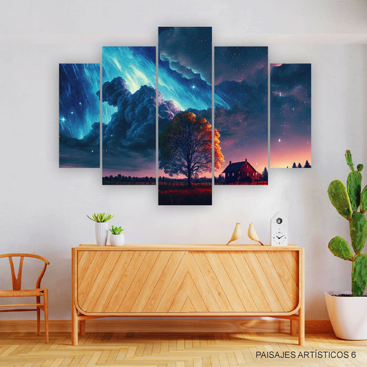 Subcoleccion Cuadros Paisajes Artísticos/ Nombre: Cuadro Noche Estelar Fantástica: Auroras y Estrellas Fugaces en Paisaje Onírico