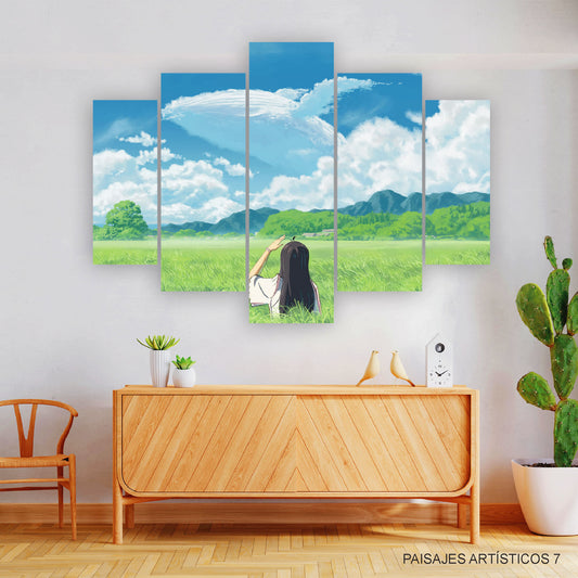 Subcoleccion Cuadros Paisajes Artísticos/ Nombre: Cuadro Sueños de Ballena: Niña y Nube Fantástica en el Campo
