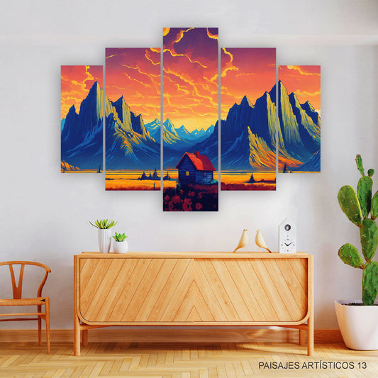 Subcoleccion Cuadros Paisajes Artísticos/ Nombre: Cuadro Refugio Crepuscular: Cabaña Montañosa al Atardecer