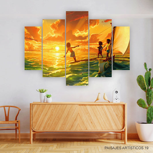 Subcoleccion Cuadros Paisajes Artísticos/ Nombre: Cuadro Aventuras en Balsa Velera: Niños Jugando en el Agua