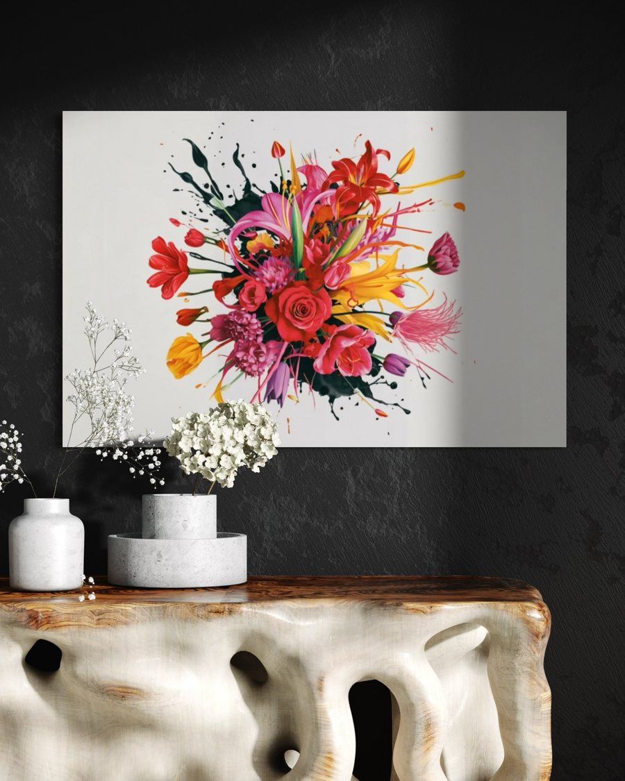 Explosión Floral – Vida que Surge de la Luz colgado en ambiente