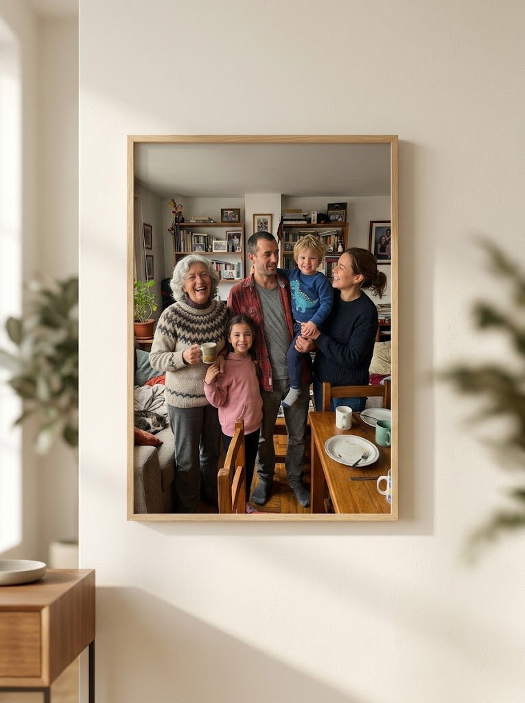 Foto de familia convertida en cuadro enmarcado y colgado en la pared