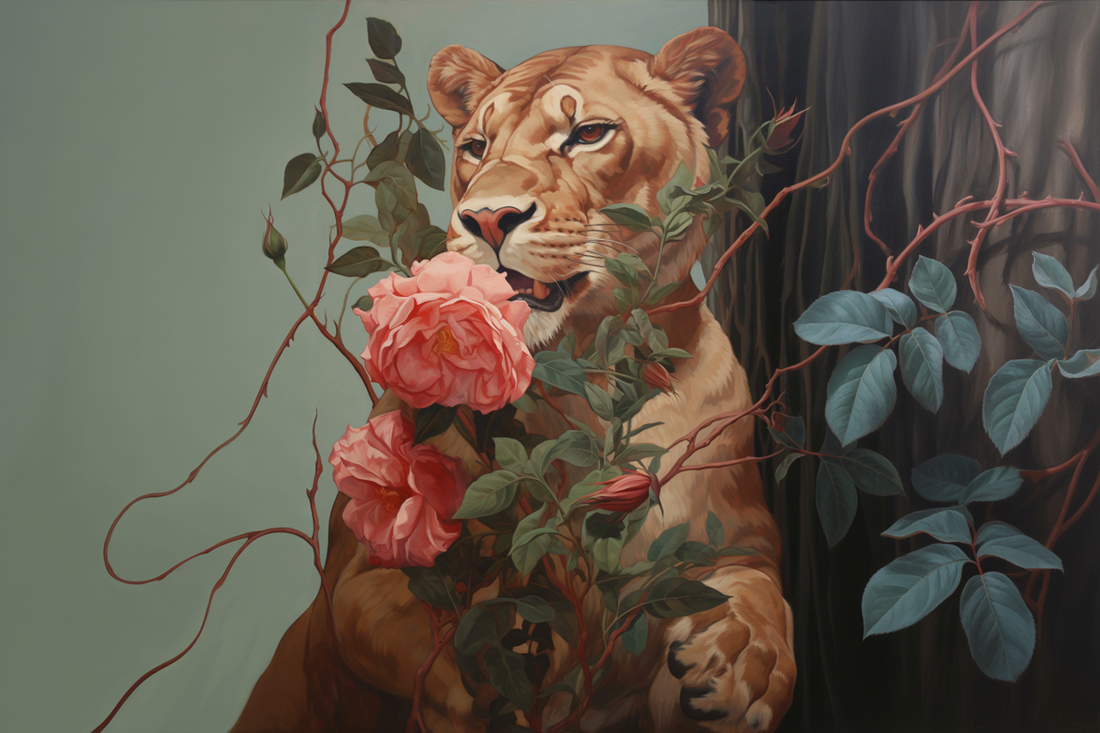Leona en Rosas – Fuerza y Delicadeza