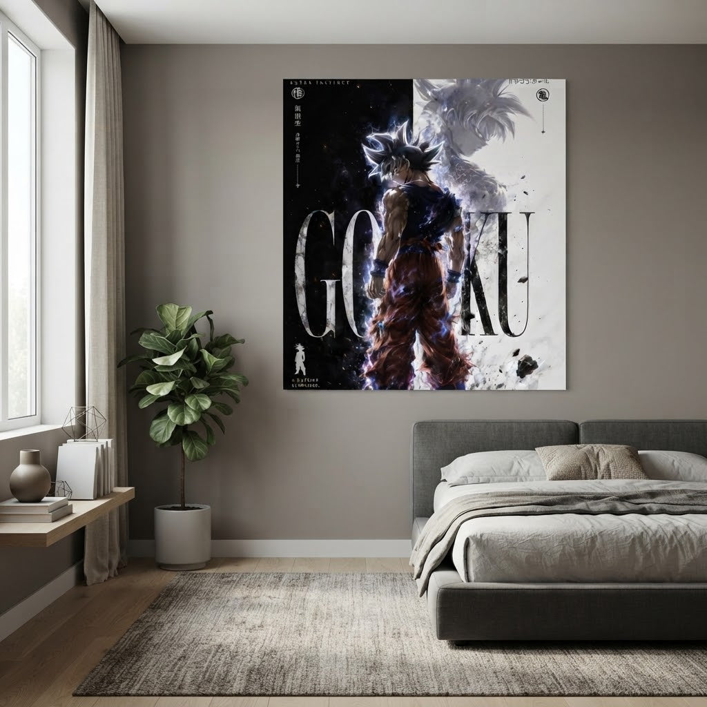 Cuadro Goku Ultra Instinto ambientado en dormitorio
