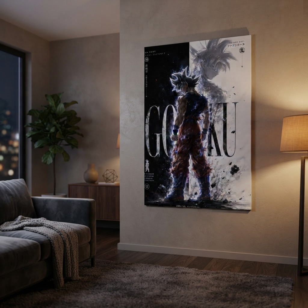 Cuadro Goku Ultra Instinto ambientado en sala nocturna