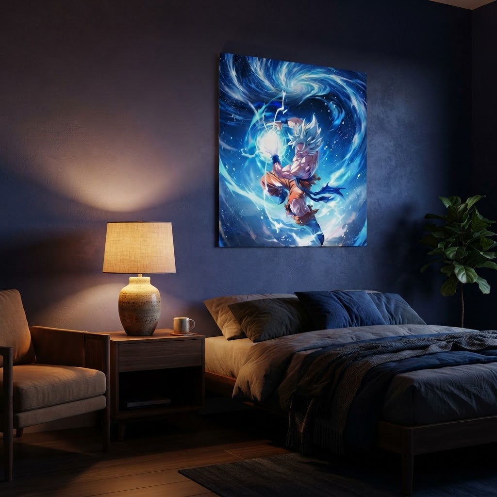 Cuadro Goku Kamehameha ambientado en dormitorio