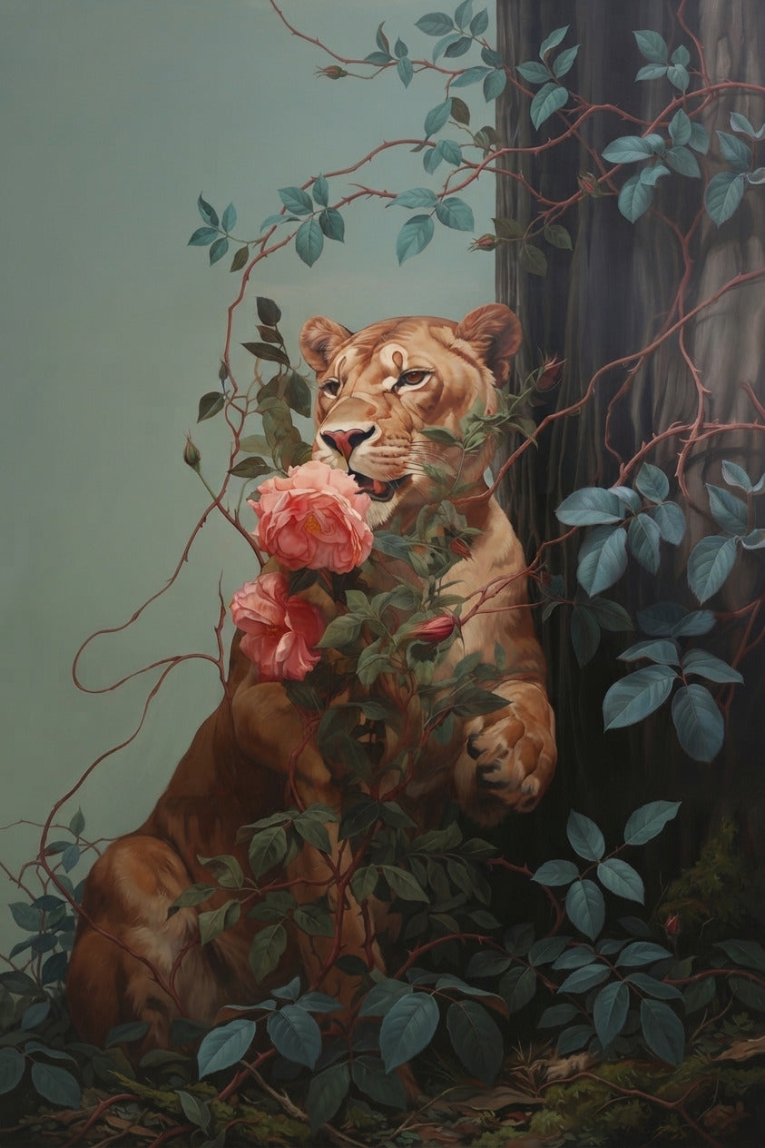 Leona en Rosas – Fuerza y Delicadeza
