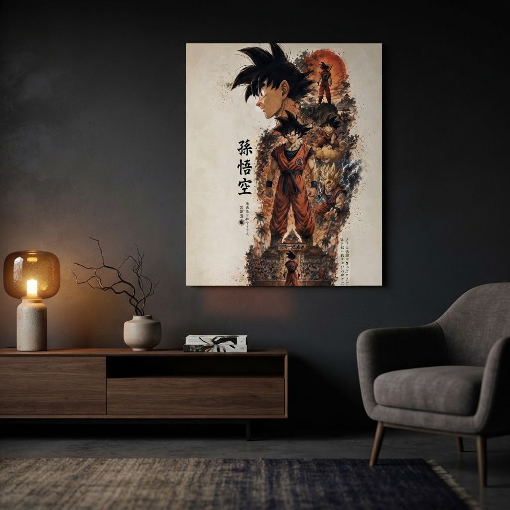 Cuadro Son Goku ambientado en sala oscura