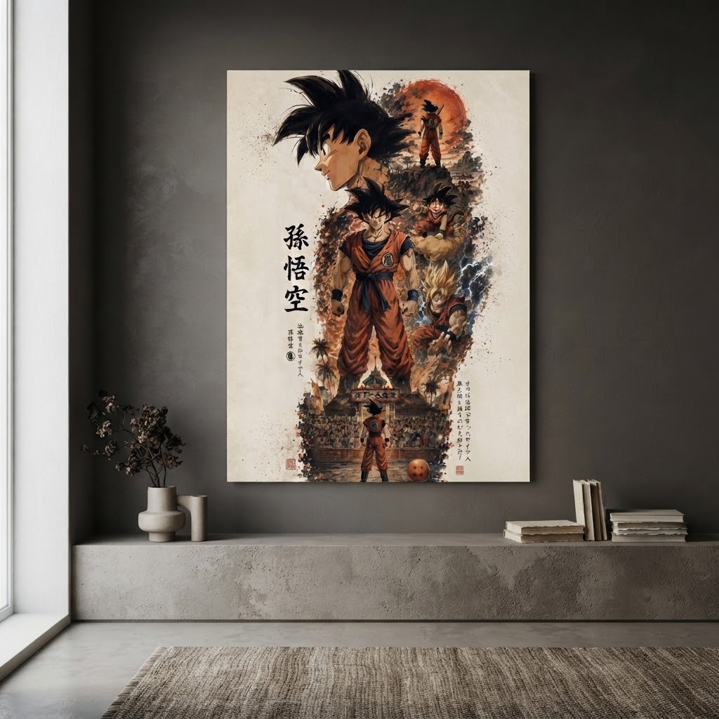 Cuadro Son Goku ambientado en sala minimalista