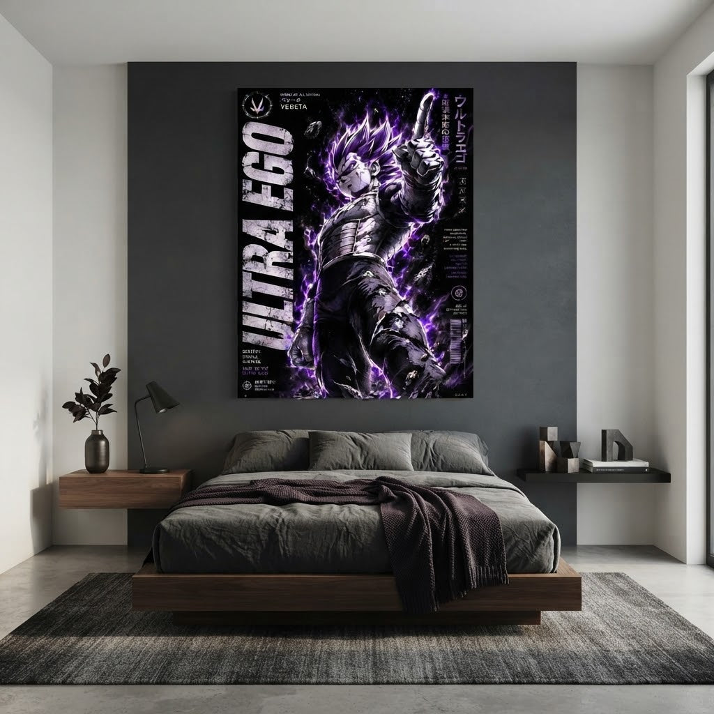 Cuadro Vegeta Ultra Ego editorial ambientado en dormitorio